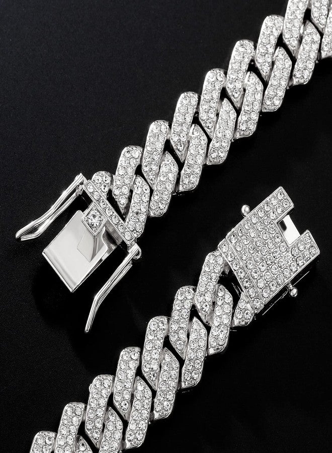 JUNVirtuous Cuban Link Chain Mens Iced Out Miami Cuban Necklace Silver/Gold Bling Diamond Hip Hop Jewelry for Women (18 inch Silver Necklace) - Image 4